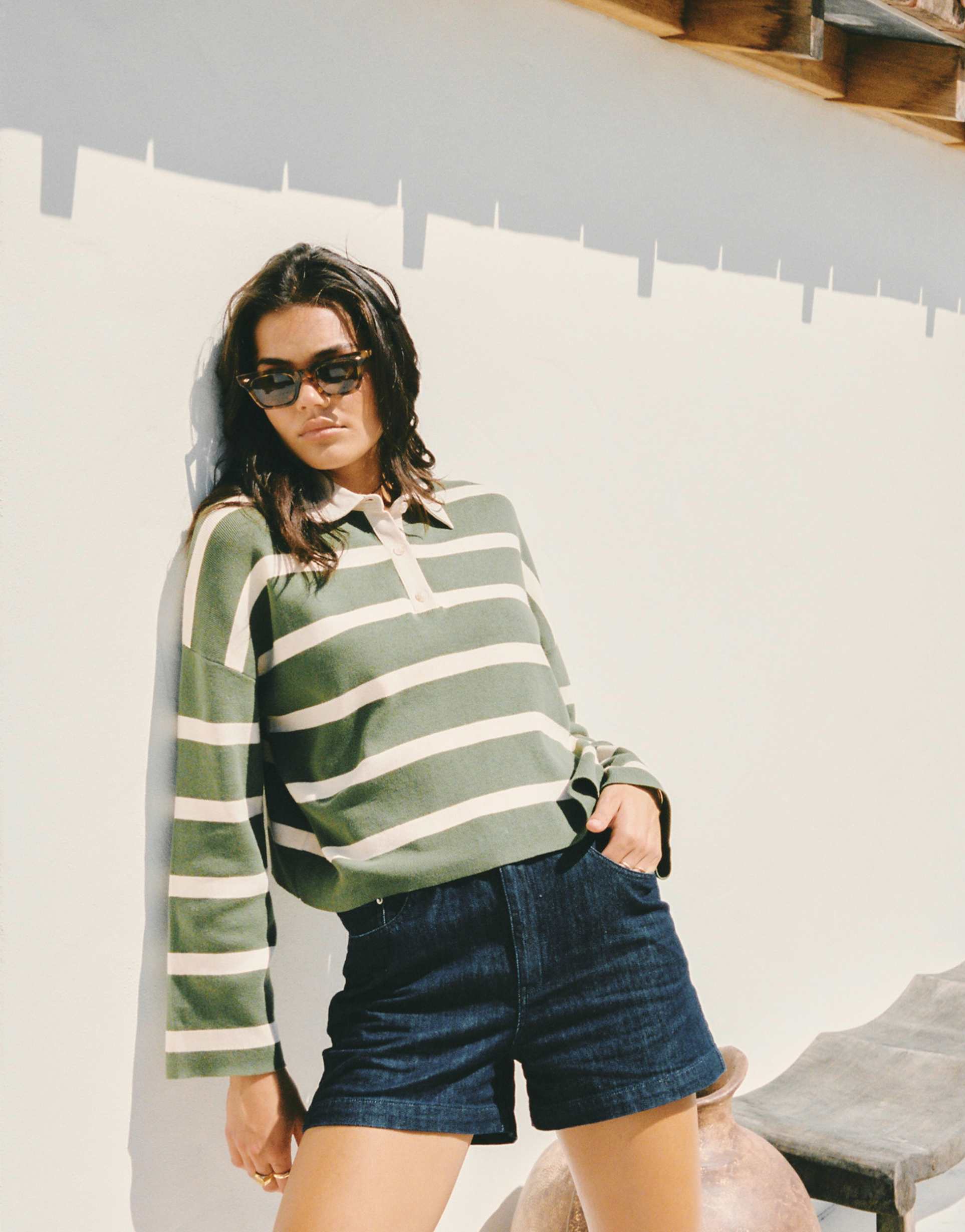 rhythm rugby polo top in olive stripes