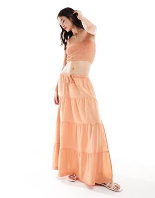 Rhythm Rhythm villa tiered maxi beach skirt co-rd in peach-Orange
