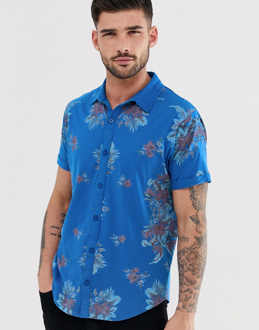 Ringspun - Jersey overhemd met bloemenprint-Blauw