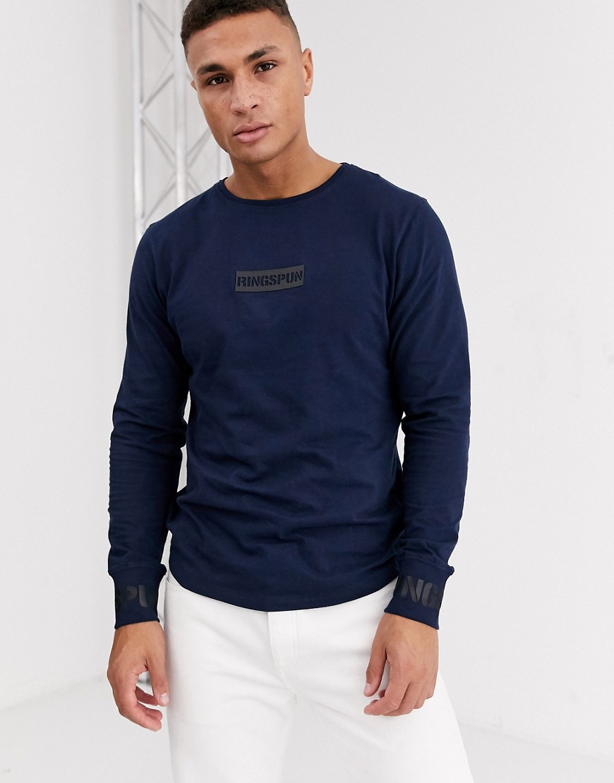 Ringspun - T-shirt met lange mouwen en logo-Marineblauw