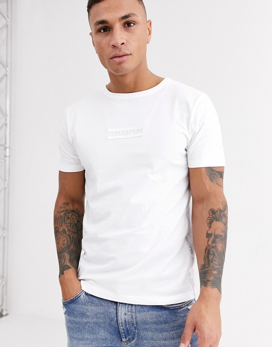 Ringspun - T-shirt met logo en zijstreep-Wit