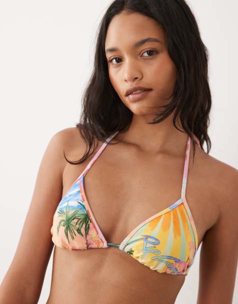 Rip Curl beach print triangle bikini top in yellow multi - view 1