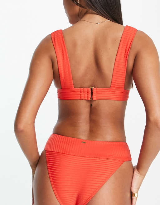 Rip Curl deep V rib triangle bikini top in red