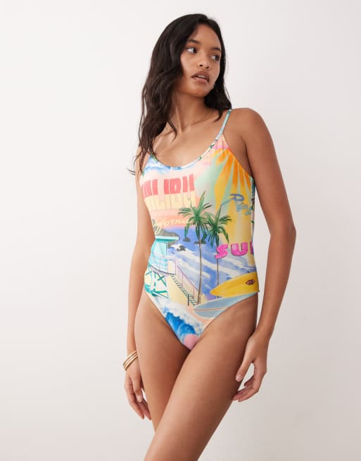 Rip Curl - Gul og multifarvet badedragt med strandprint, 3 af 4