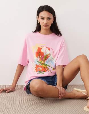 Ripcurl Rip Curl X Farm Rio Graphic Print Oversized Tee In Pink