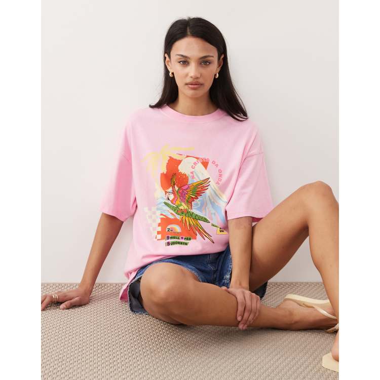 Rip Curl X Farm Rio graphic print oversized tee in light pink | ASOS