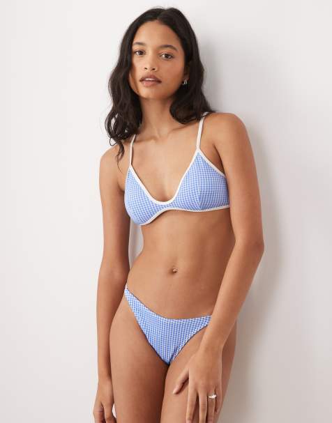 Ripcurl - Bas de bikini échancré à carreaux vichy et bordures contrastantes - Bleu pastel - view 1