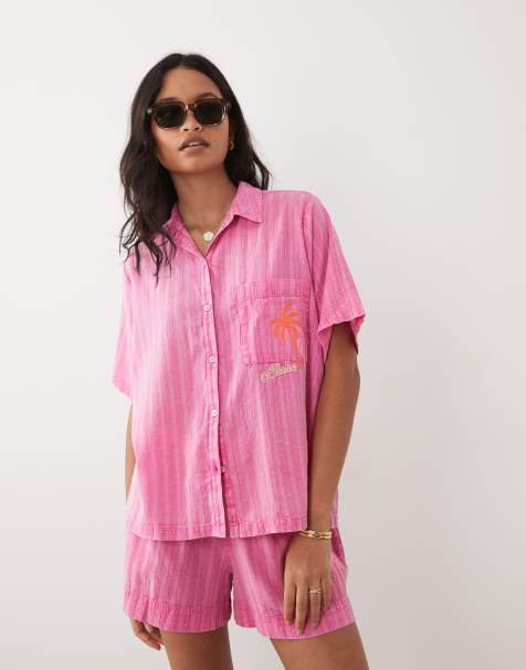 Ripcurl - Camicia da mare a maniche corte rosa acceso a righe in coordinato - view 1