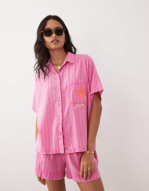 Ripcurl - Camicia da mare a maniche corte rosa acceso a righe in coordinato