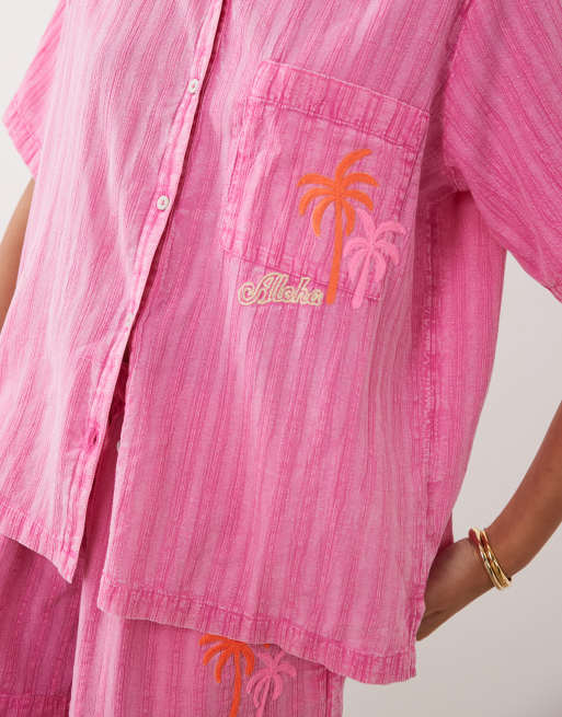 Ripcurl - Camicia da mare a maniche corte rosa acceso a righe in coordinato, 3 di 4