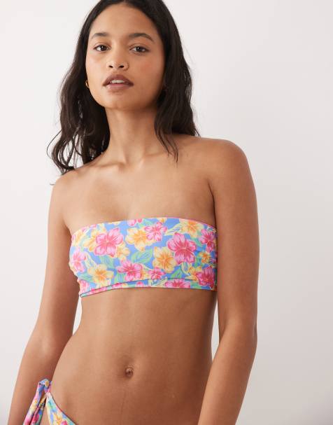 Rip Curl floral print bandeau bikini top in pink multi
