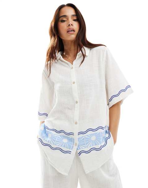 Ripcurl santorini sun printed beach shirt co-ord in white