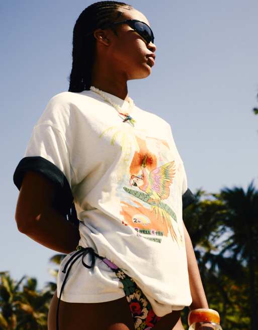 Ripcurl X Farm Rio - T-shirt oversize color vaniglia con stampa grafica, 3 di 7