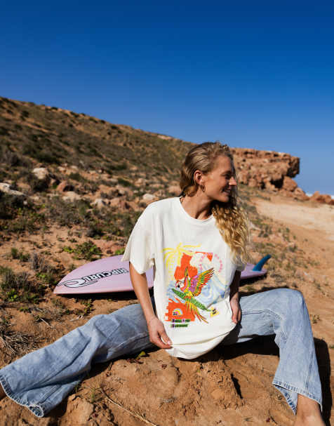 Ripcurl X Farm Rio – Vaniljvit t-shirt i oversized fit med tryck - view 1