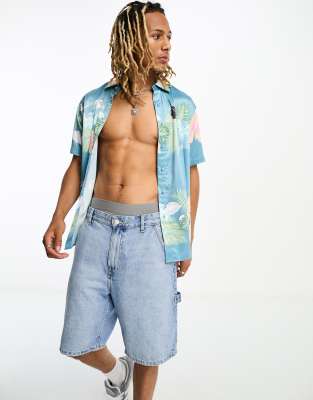 Camicia a maniche corte con colletto alla coreana in cotone e lino