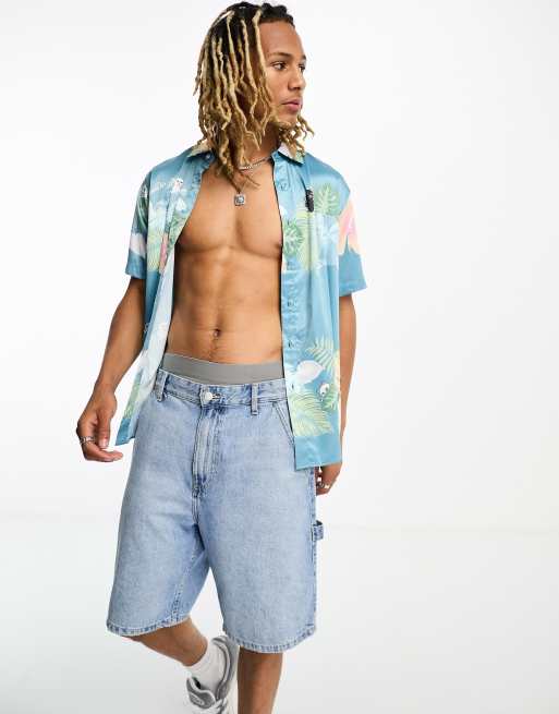 RIPNDIP - Camicia a maniche corte con colletto a rever blu con stampa floreale con gatto