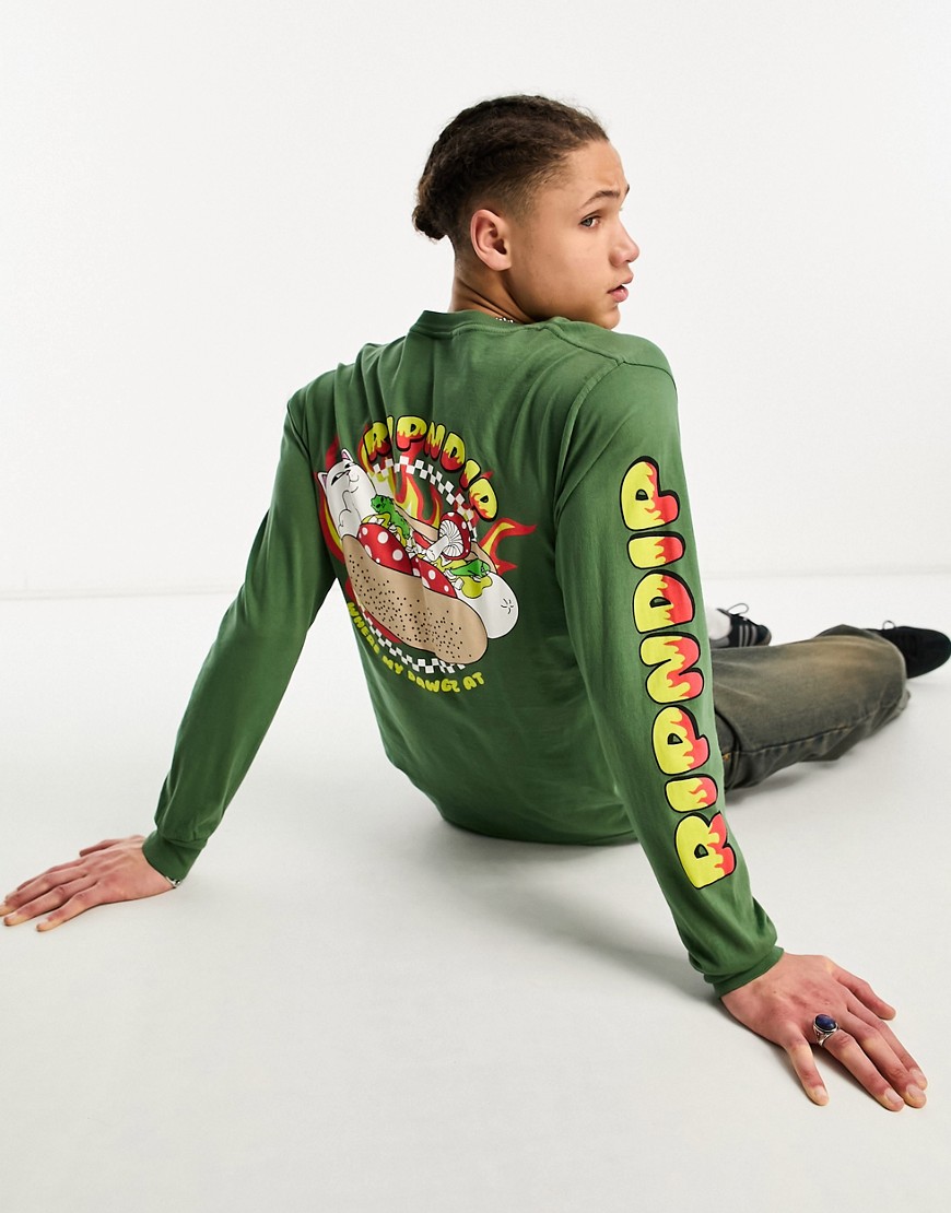 Rip N Dip RIPNDIP glizzy long sleeve t-shirt in green with multiple placement prints