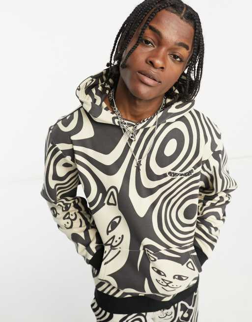 RIPNDIP – Hypnotic – Kapuzenpullover mit All-over-Wirbel-Print in Schwarz-Weiß, Kombiteil