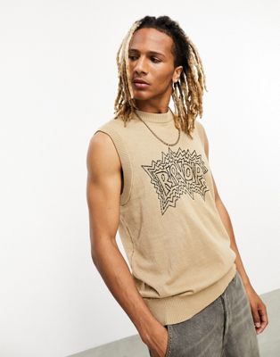 RIPNDIP knitted sleeveless vest in beige with logo print