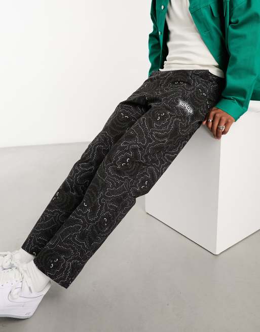 RIPNDIP – Lässige Hose in Schwarz mit weitem Bein und All-over-Katzenprint
