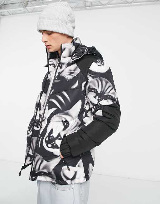 RIPNDIP - Neon Cat - Gewatteerd puffer jack met capuchon in zwart bedekt met kattenprint