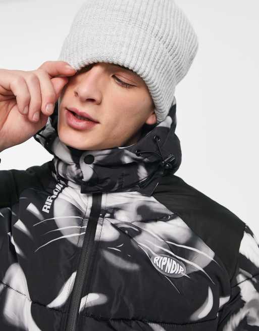 Ripndip Neon Cat Hooded Puffer Jacket in Black with All Over Cat Print