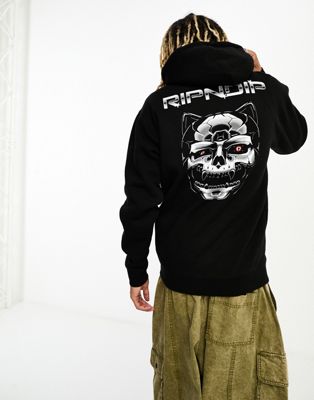 RIPNDIP pullover hoodie in black with logo and cybercat print