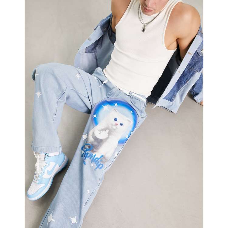 RIPNDIP sprinkles wide leg denim jeans in midwash blue with all over print