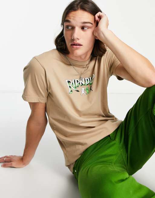 RIPNDIP - T-shirt con stampa sul petto e sul retro, colore beige