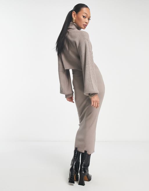 brown sweater midi dress Mable Pauline Cognac Brown Ribbed Bodycon Midi Dress - Size M
