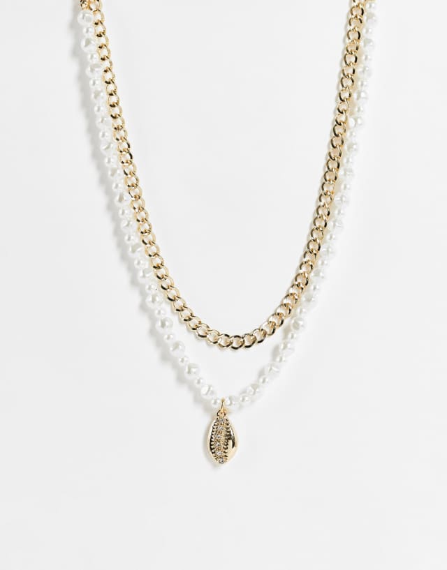 River Island 2-pack shell and faux pearl necklaces in gold tone