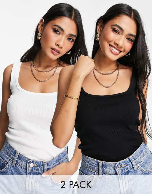River Island 2 pack square neck vests in black and white ASOS