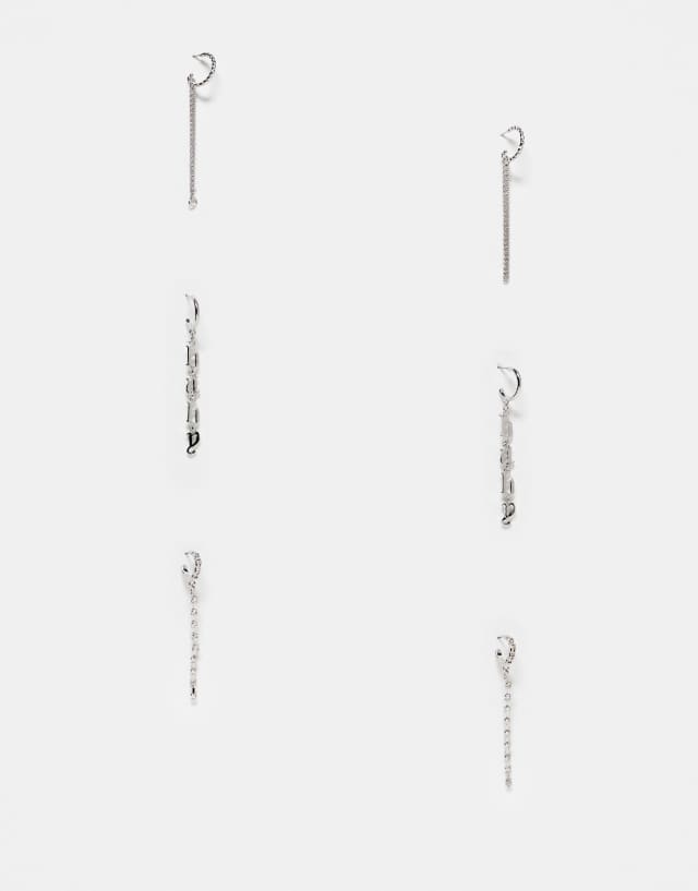 River Island 3 pack baby and chain drop hoop earrings in silver