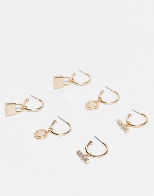 River Island 3 pack disc and T-bar hoop earrings in gold