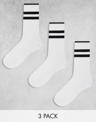 3 pack double stripe tube socks in white