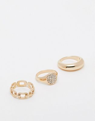 River Island 3 pack pave signet and chain ring in gold