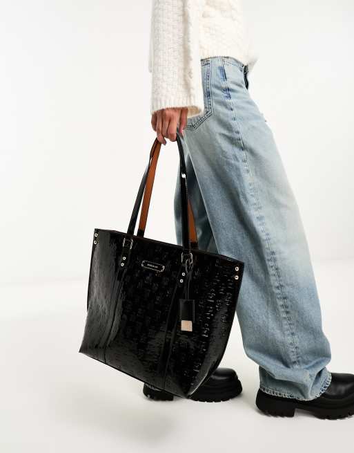 River Island 3073 Monogram Pinch Shopper in Black