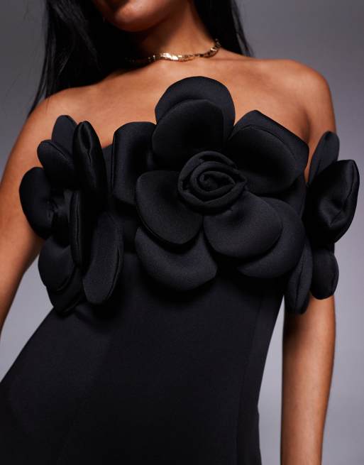 River Island 3D floral bandeau mini dress in black, 3 of 4