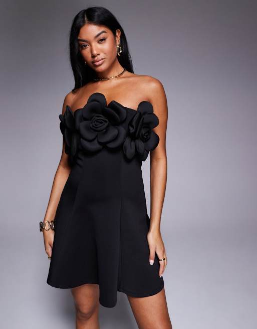 River Island 3D floral bandeau mini dress in black ASOS