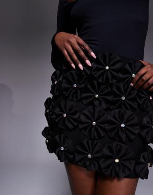 River Island 3d Flower A Line Mini Skirt In Black