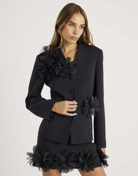 River Island 3d flower collarless blazer in black - view 1