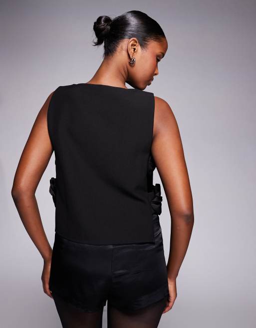 River Island 3D flower seam detail top in black, 4 of 4