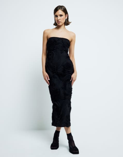 River Island 3D swirl bandeau midi dress in black - view 1