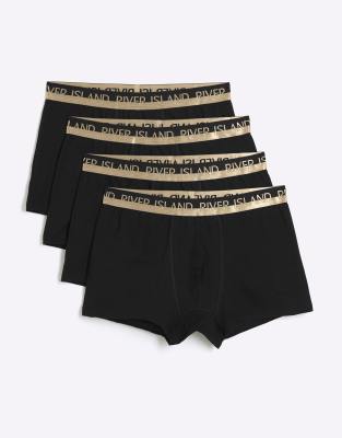 River Island 4 pack trunks with gold split waistband in black