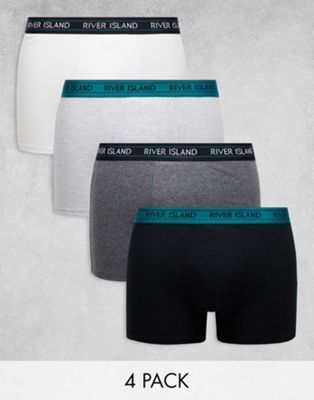 River Island 4 pack trunks with green waistband in black