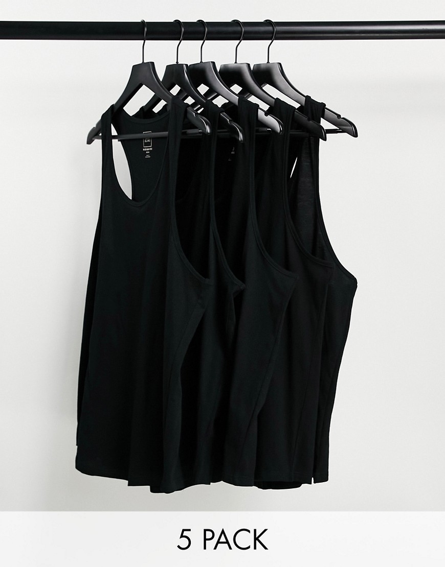 River Island 5 Pack Muscle Fit Tanks In Black-white