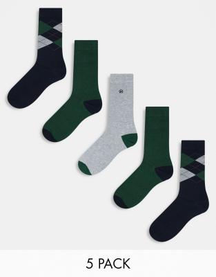 River Island 5 Pack Argyle Socks In Green