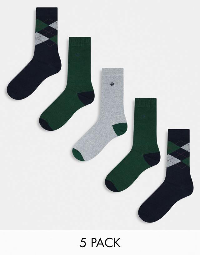 River Island - 5 pack argyle socks in green