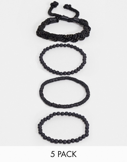 River Island 5 pack braided rope bracelets in black