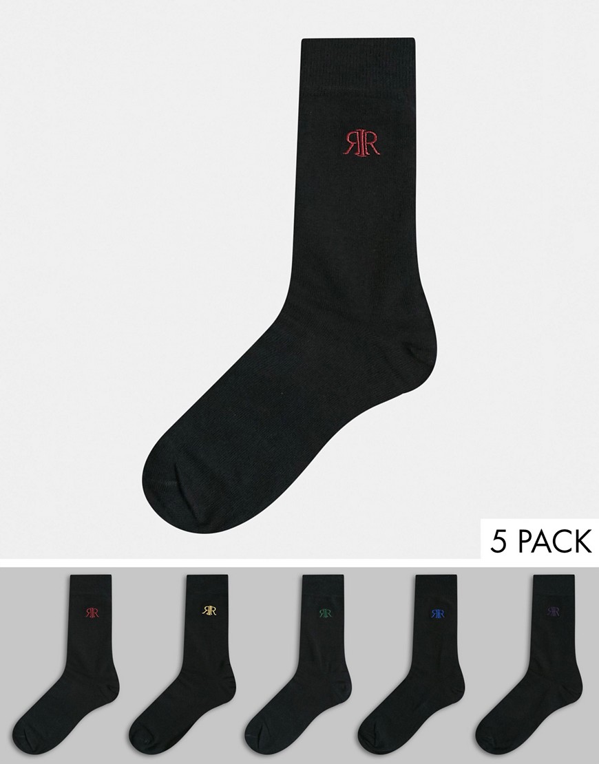 River Island 5 pack embroidered logo socks in black